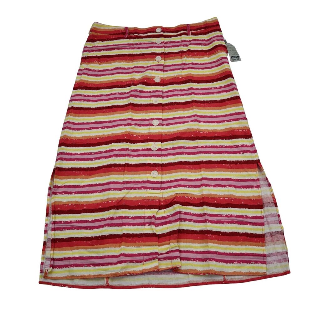 For Cynthia Skirt Women L Red Yellow Stripe A Line Pockets Buttons New